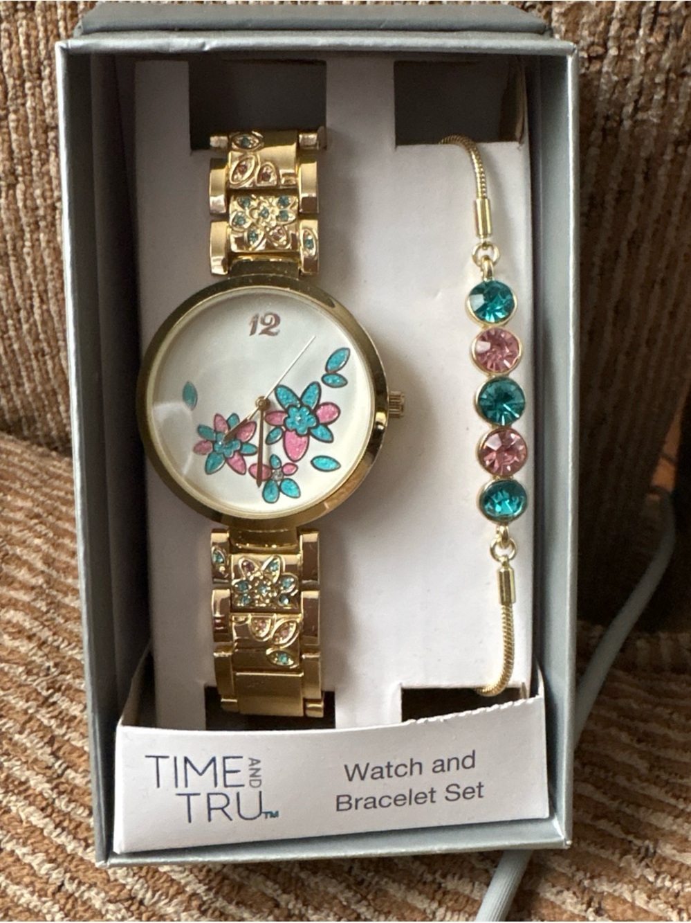 Time and Tru Gold Floral Watch and Crystal Bracelet Set - Pink & Teal